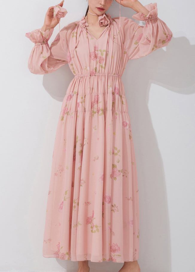 Beautiful Pink Ruffled Print Lace Up Chiffon Dress Fall QR038