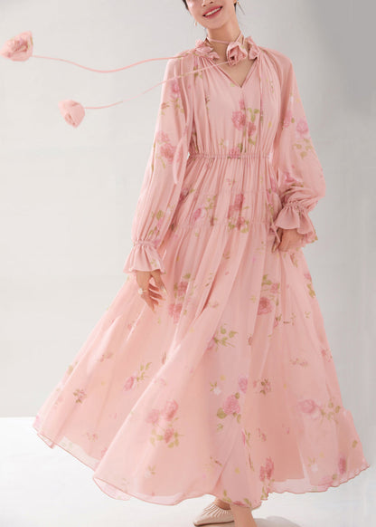 Belle robe en mousseline de soie à lacets et imprimé volants rose pour l'automne QR038