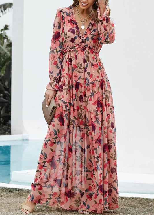 V-Ausschnitt Rüschen Rosa Kleid Frühling Lang Schöne Chiffon Print