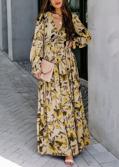 V-Ausschnitt Rüschen Rosa Kleid Frühling Lang Schöne Chiffon Print