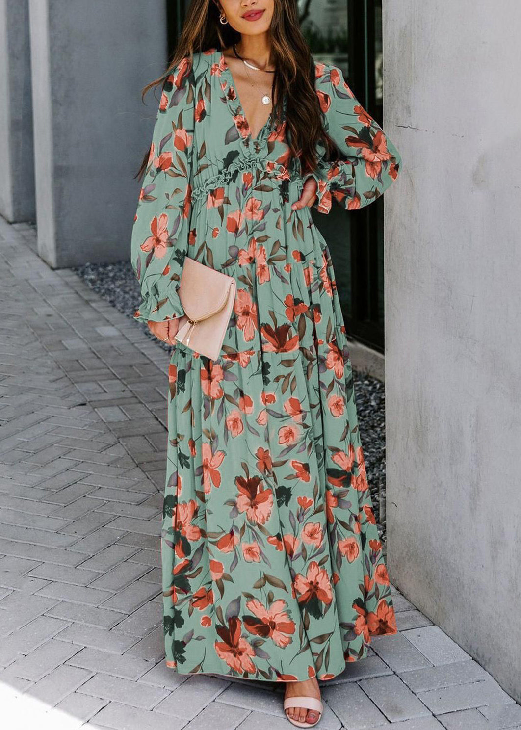 V-Ausschnitt Rüschen Rosa Kleid Frühling Lang Schöne Chiffon Print