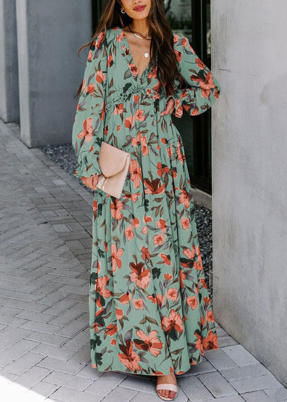 V-Ausschnitt Rüschen Rosa Kleid Frühling Lang Schöne Chiffon Print