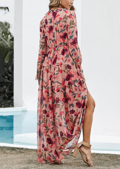 V-Ausschnitt Rüschen Rosa Kleid Frühling Lang Schöne Chiffon Print