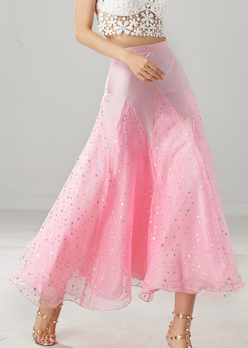 Beautiful Pink Zircon Patchwork Tulle Dance Skirt Spring YU1033