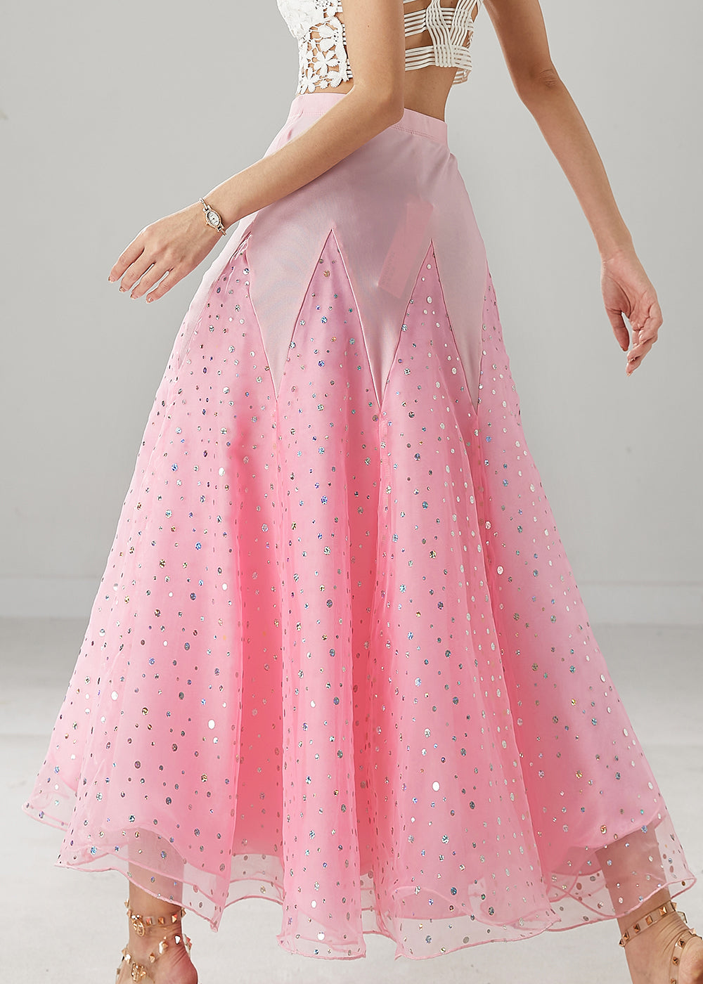 Beautiful Pink Zircon Patchwork Tulle Dance Skirt Spring YU1033