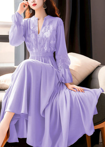 Belles robes longues à taille élastique en dentelle brodée violette pour l'automne QR031