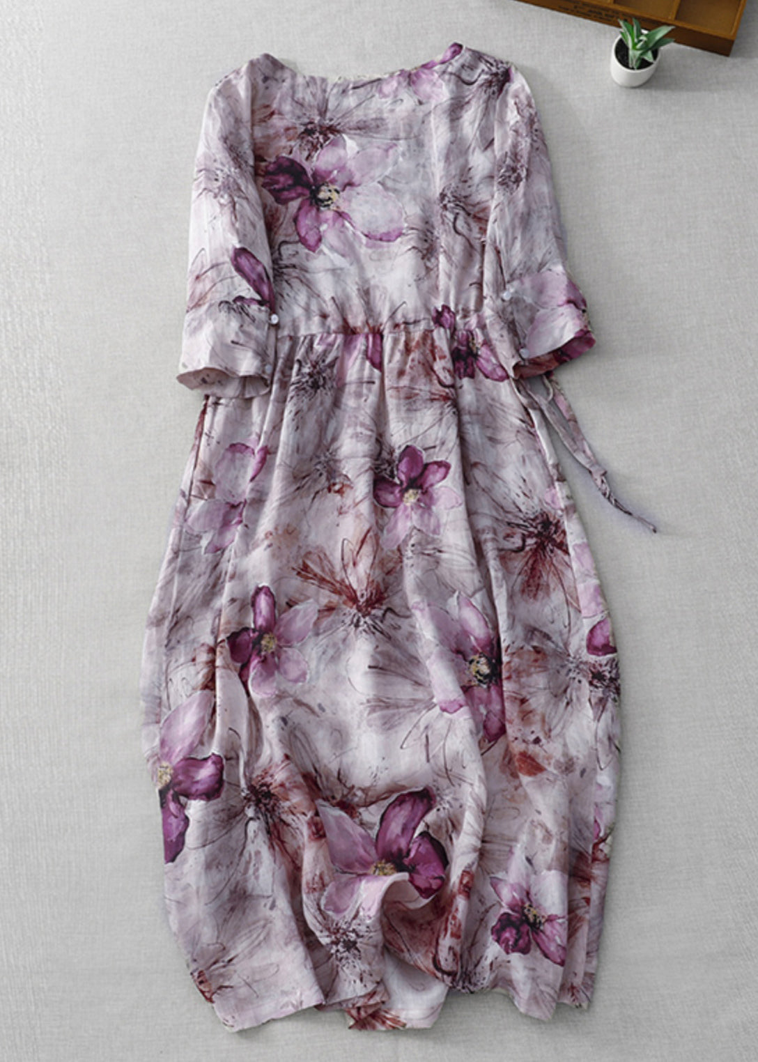 Beautiful Purple O Neck Print Lace Up Cotton Dress Half Sleeve GG027