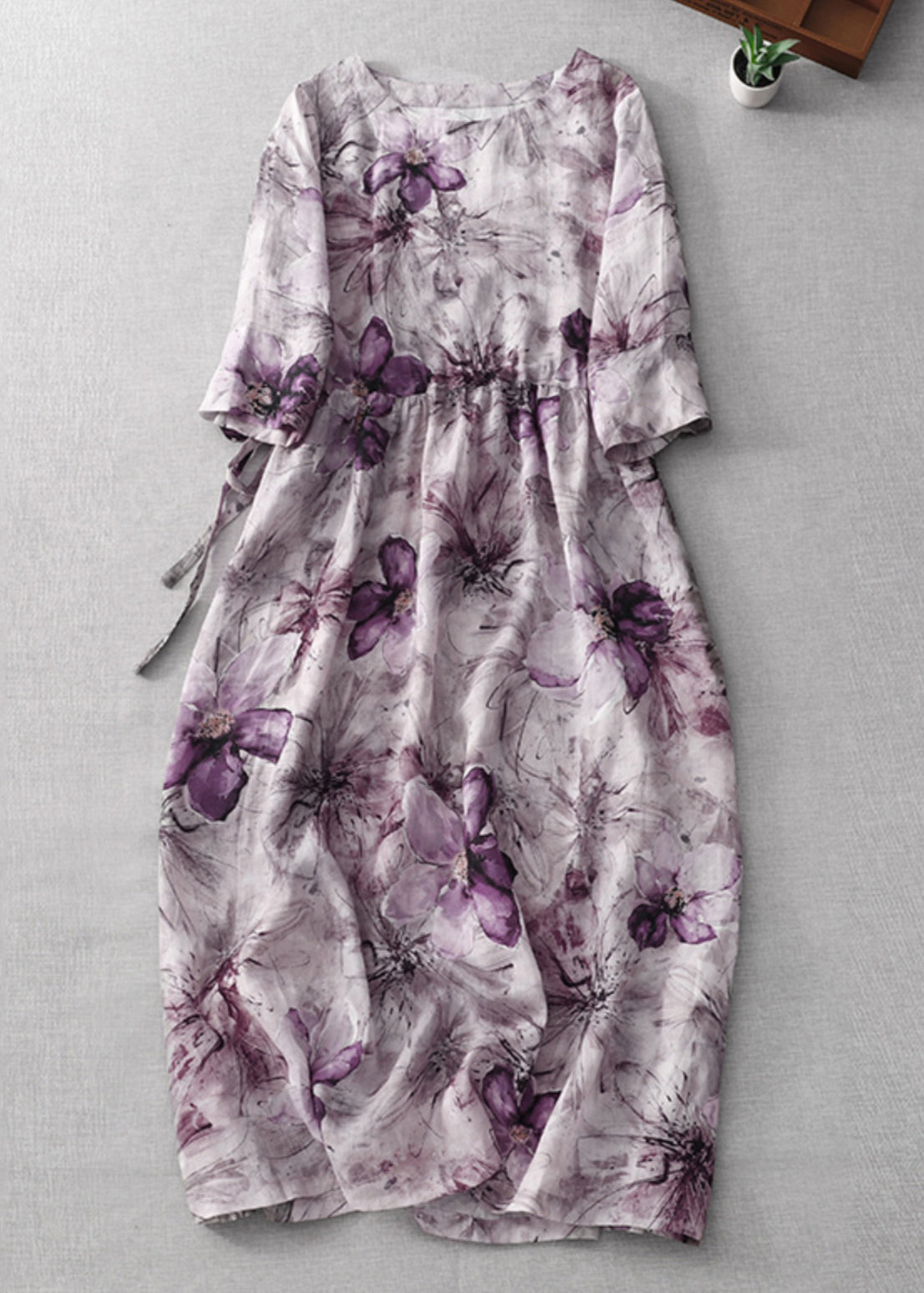 Beautiful Purple O Neck Print Lace Up Cotton Dress Half Sleeve GG027