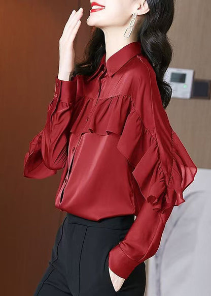 Schöne rote Peter Pan Kragen Rüschen Patchwork Seide Shirts Frühling RL027