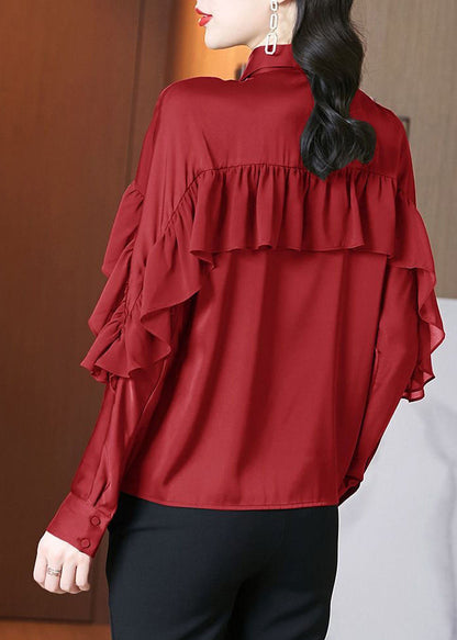 Schöne rote Peter Pan Kragen Rüschen Patchwork Seide Shirts Frühling RL027
