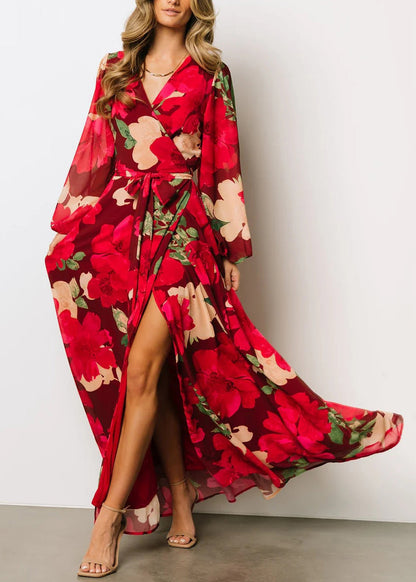 Belles robes longues en coton à imprimé rouge et à ouverture latérale pour l'automne AU1024