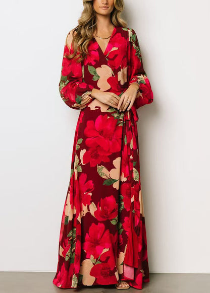 Belles robes longues en coton à imprimé rouge et à ouverture latérale pour l'automne AU1024