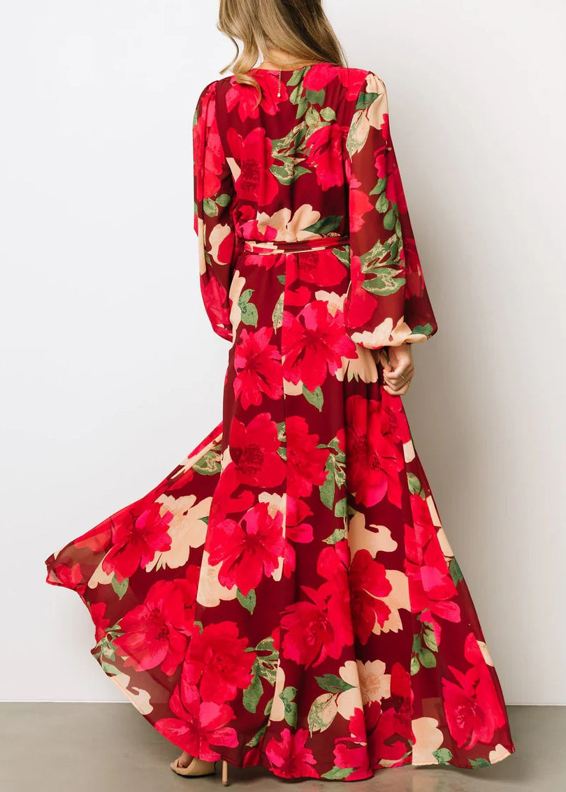 Beautiful Red Print Side Open Cotton Maxi Dresses Fall AU1024