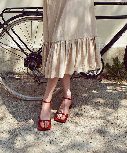 Belles sandales épaisses à épissures en cuir véritable rouge à bout ouvert OI035