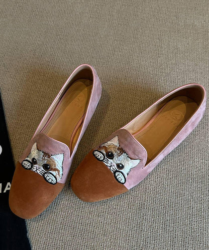 Beautiful Splicing Penny Loafers Brown Suede Embroidered YC015