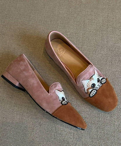 Beautiful Splicing Penny Loafers Brown Suede Embroidered YC015