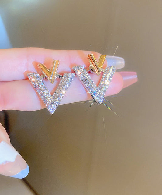 Beautiful White Copper Zircon Graphic V Shape Stud Earrings YX021