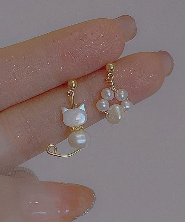 Beautiful White Gold Copper Overgild Pearl Little Cats Asymmetric Drop Earrings KX1021