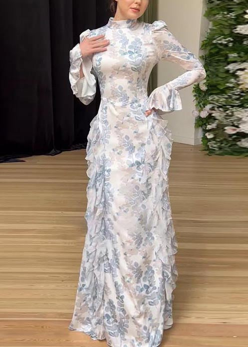 Robe longue blanche en mousseline de soie à volants et imprimés magnifiques, printemps