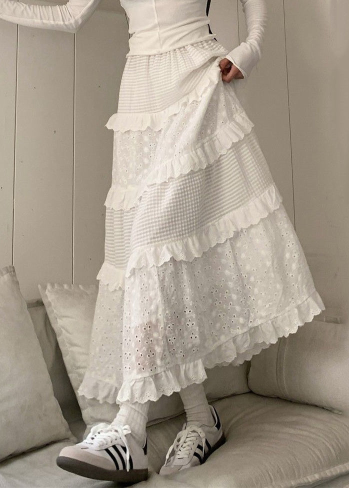 Beautiful White Ruffled Hollow Out Cotton Skirts Summer GH1091