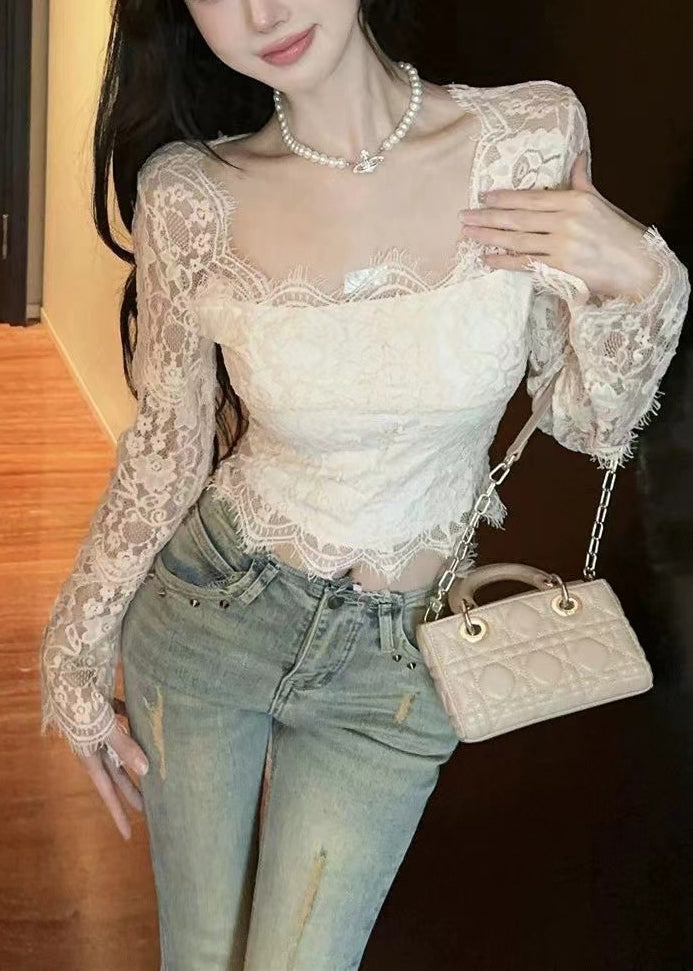 Magnifique haut blanc en dentelle à col carré et coupe ajustée, printemps YP024