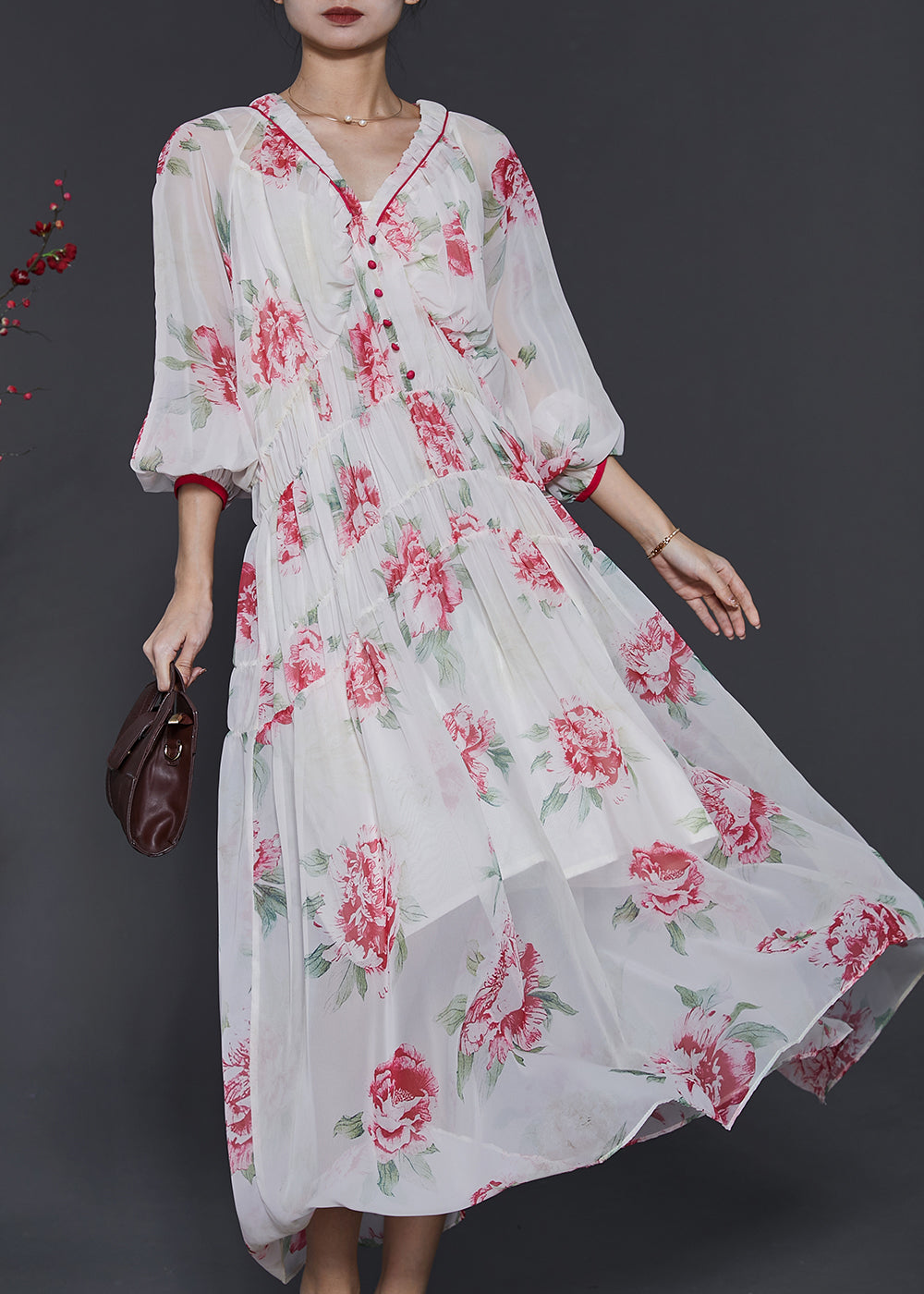 Beautiful White V Neck Print Chiffon Beach Dress Spring SD1029