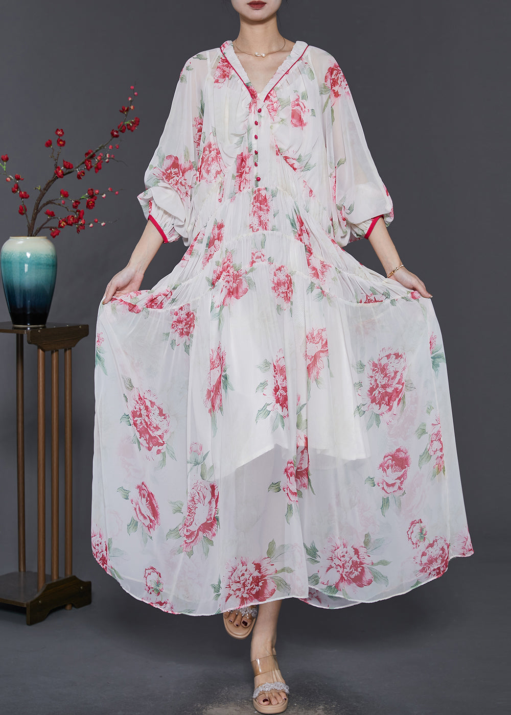 Beautiful White V Neck Print Chiffon Beach Dress Spring SD1029