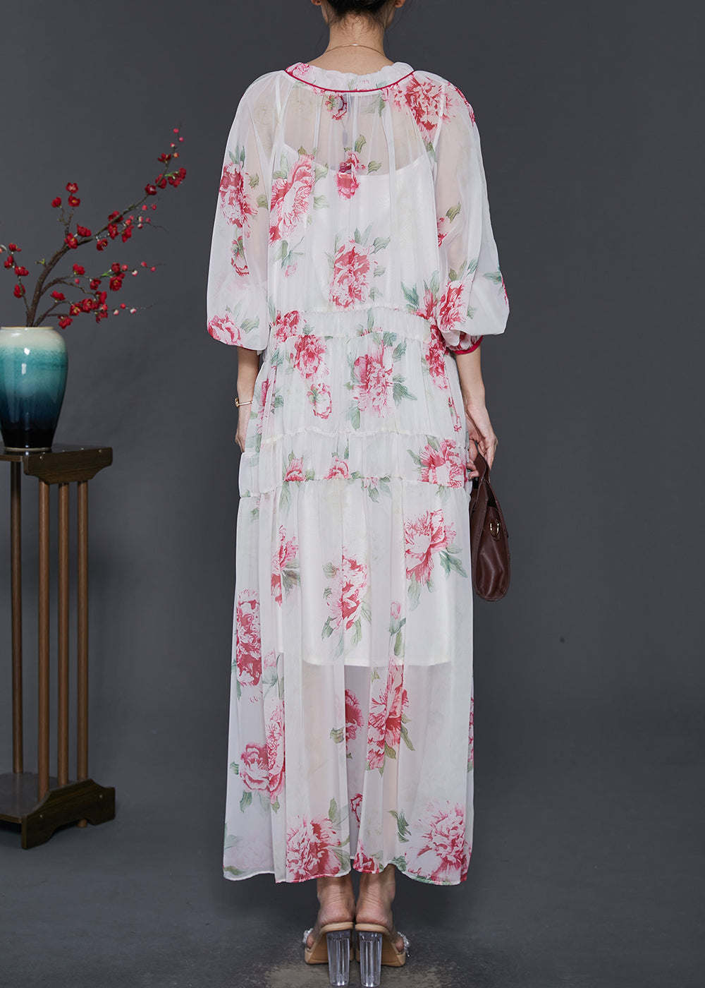 Beautiful White V Neck Print Chiffon Beach Dress Spring SD1029