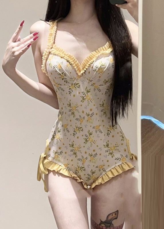 Set And Lingerie Bodysuit Beautiful Smock Yellow Print