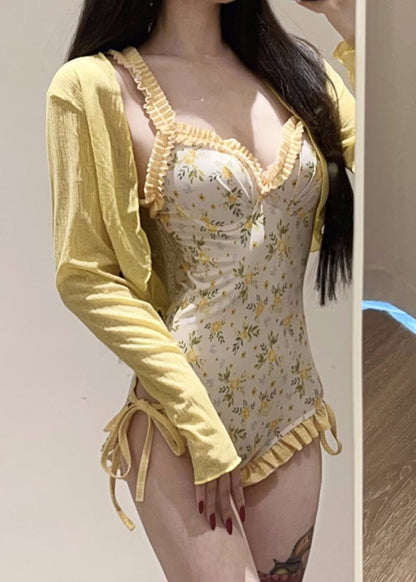 Set And Lingerie Bodysuit Beautiful Smock Yellow Print