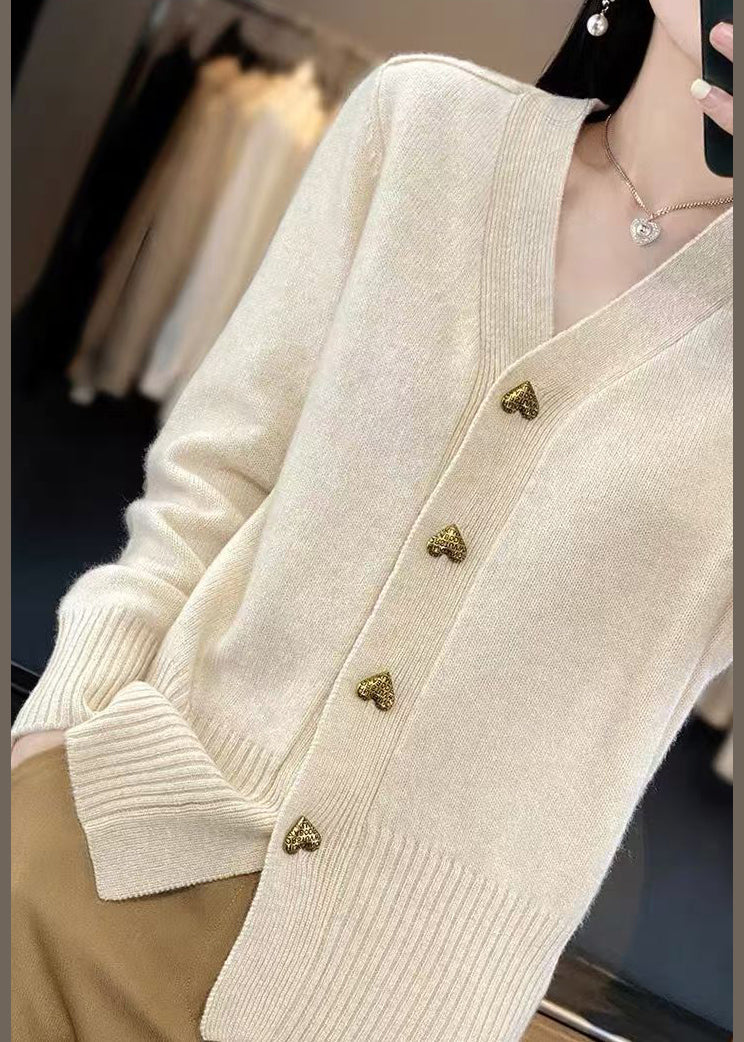 Manteaux de printemps à col uni en V, boutons en tricot beige