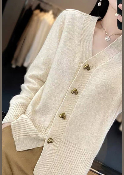 Manteaux de printemps à col uni en V, boutons en tricot beige