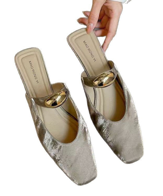 Leather Splicing Beige Chunky Sandals Slide Faux Boutique