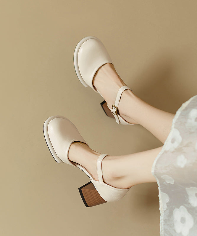 Classy Heel Sandals Leather Beige Cowhide Chunky Splicing