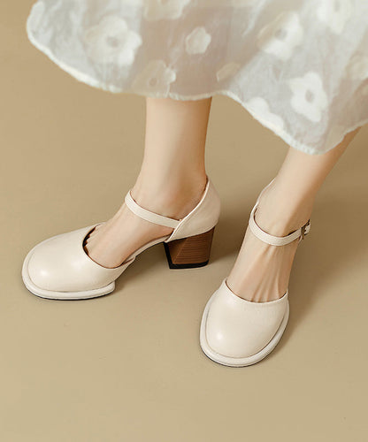 Classy Heel Sandals Leather Beige Cowhide Chunky Splicing