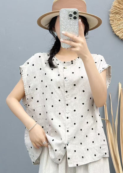 Gilet de plage surdimensionné sans manches en lin beige à pois