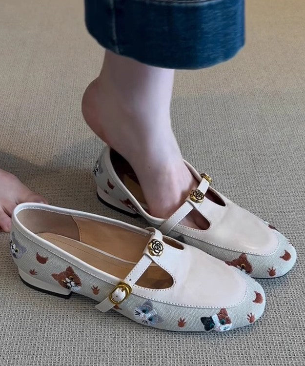 Out Bestickte Schuhe Flache Leder Beige Faux Hohl