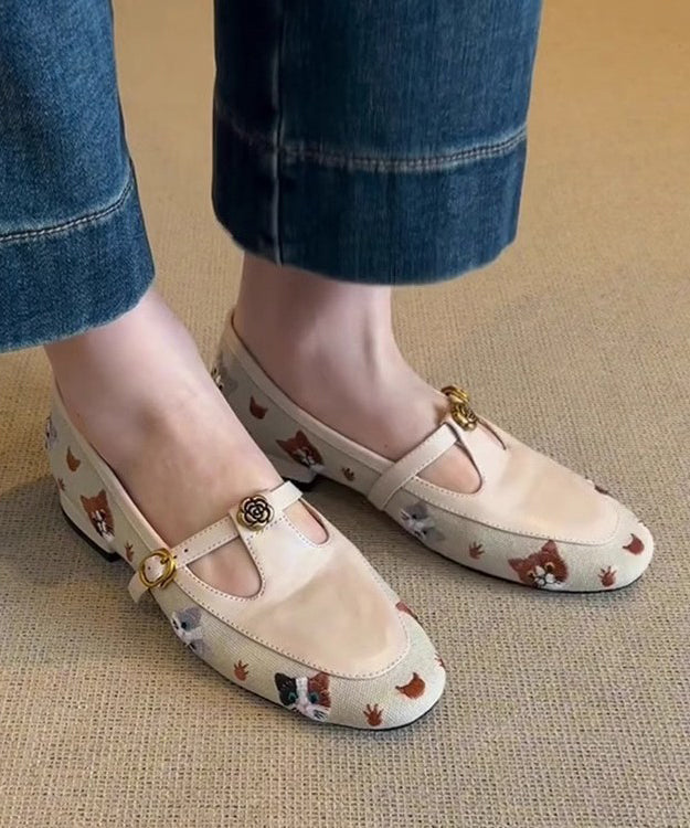 Out Bestickte Schuhe Flache Leder Beige Faux Hohl