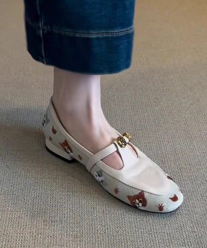 Out Bestickte Schuhe Flache Leder Beige Faux Hohl