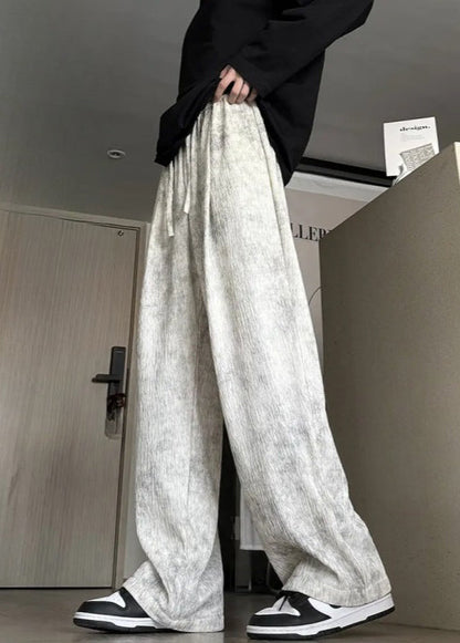 Pantalon large en coton avec poches et lacets pour homme, teinture beige