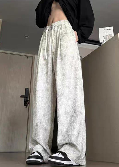 Pantalon large en coton avec poches et lacets pour homme, teinture beige