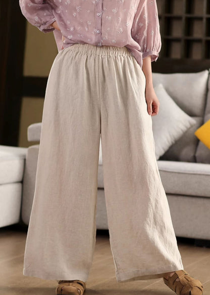Hose Elastisch Taschen Leinen Lockeres Bein Taille Beige Sommer Weit