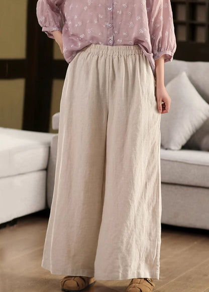 Hose Elastisch Taschen Leinen Lockeres Bein Taille Beige Sommer Weit