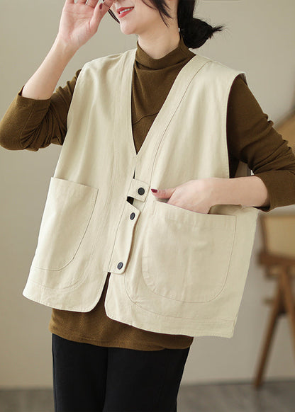 Beige Taschen Patchwork Baumwolle Weste V-Ausschnitt Ärmellos TI026