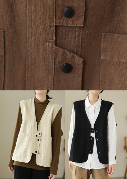 Beige Taschen Patchwork Baumwolle Weste V-Ausschnitt Ärmellos TI026