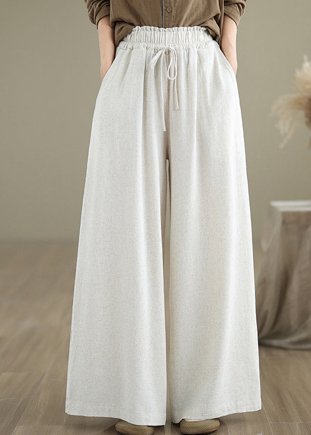 Beige Pockets Simple Cotton Wide Leg Pants Drawstring Fall QO045