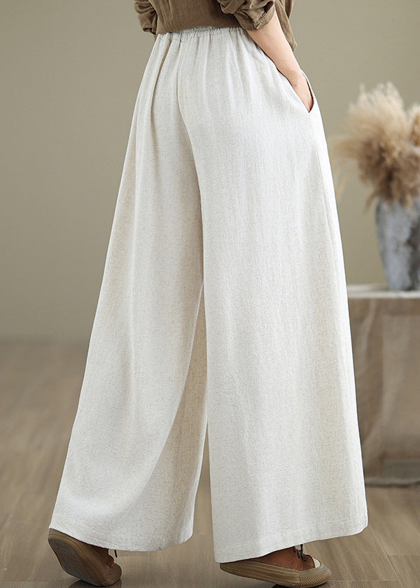 Beige Pockets Simple Cotton Wide Leg Pants Drawstring Fall QO045