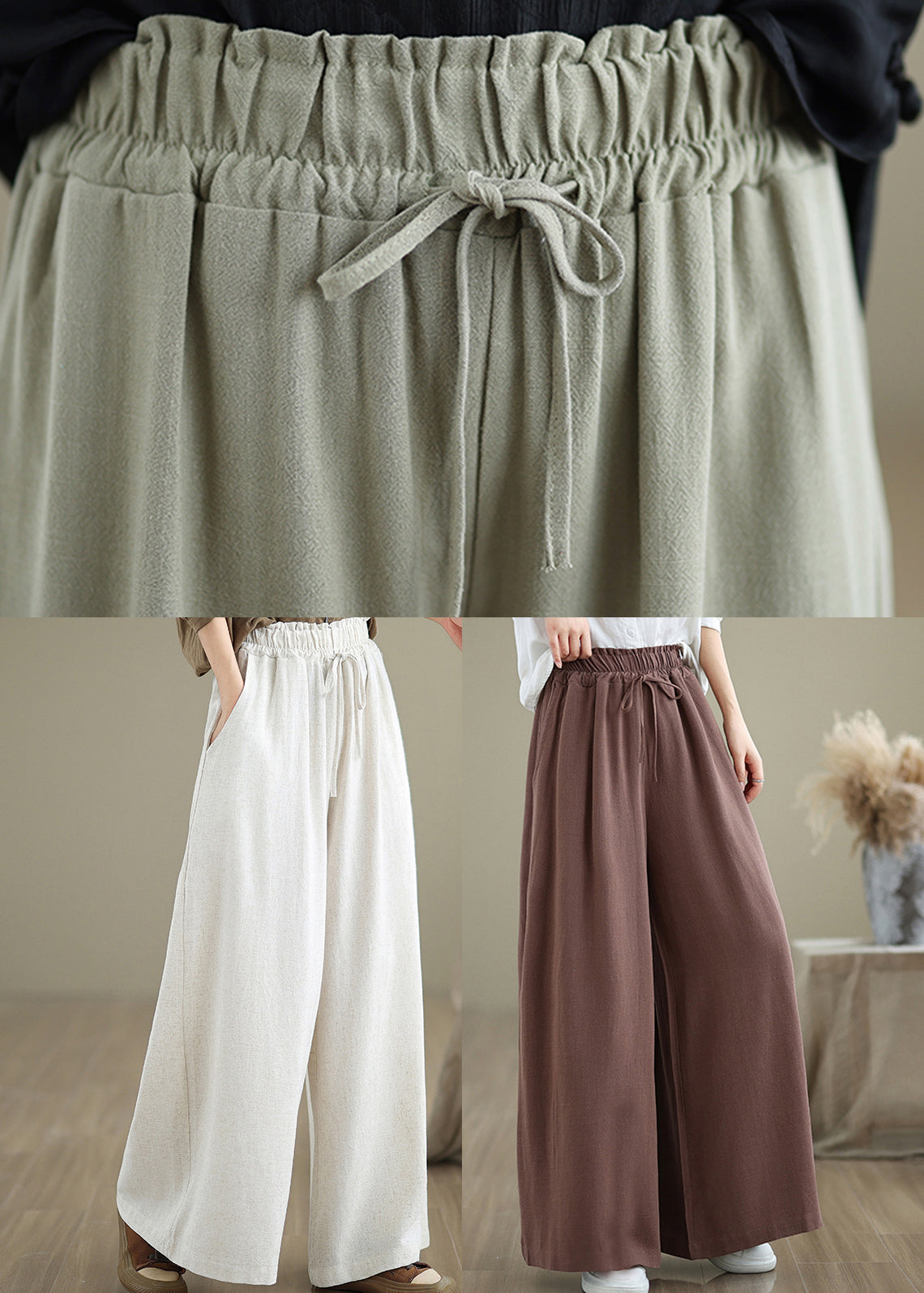 Beige Pockets Simple Cotton Wide Leg Pants Drawstring Fall QO045