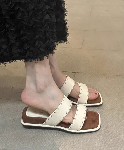 Splicing Wedge Peep Toe Beige Slide Rivet Sandals