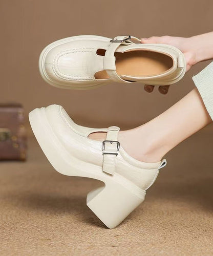 Beige Sheepskin Chunky Heel Loafers Women Splicing Buckle Strap YC008